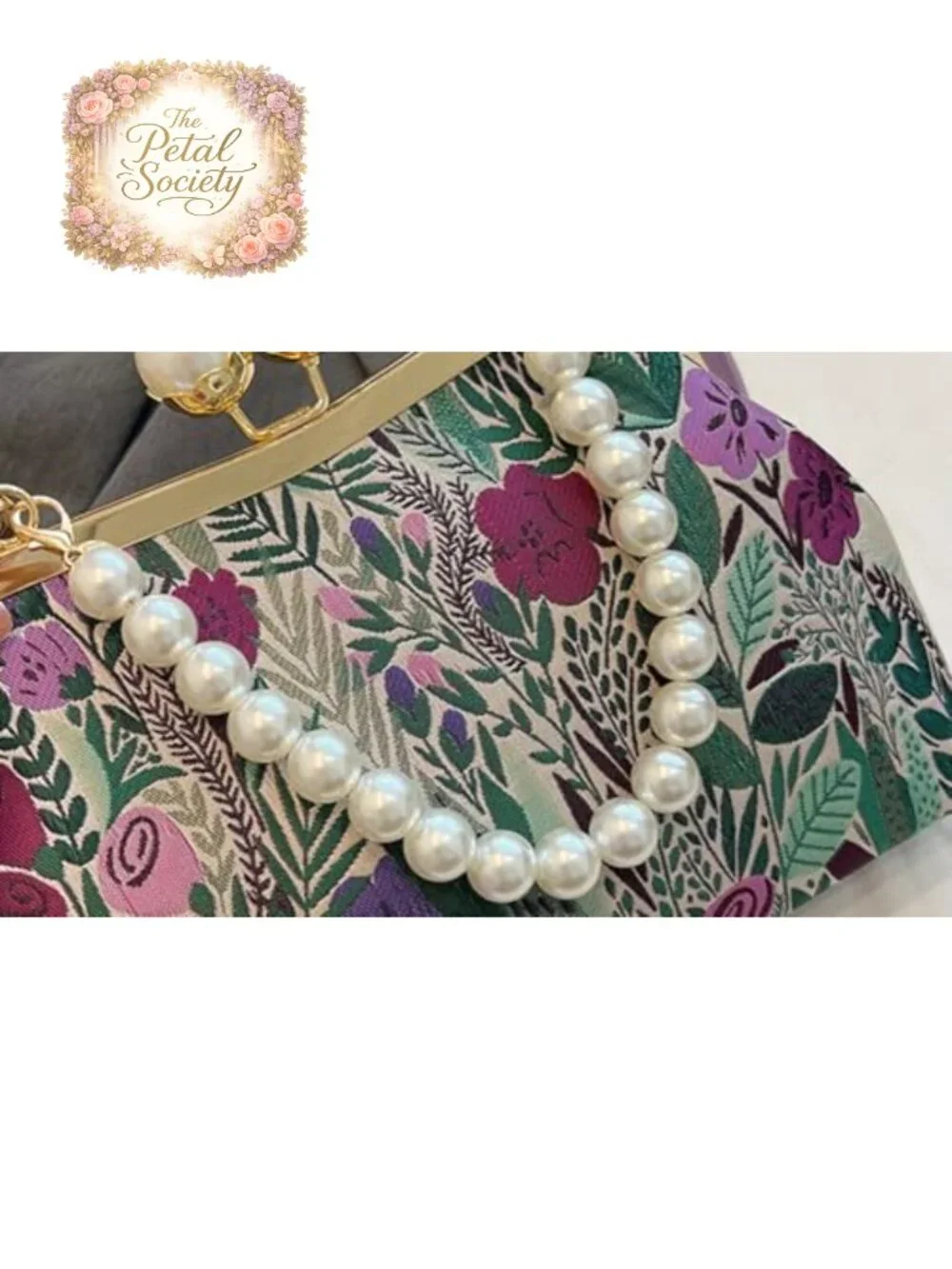 Vintage Embroidered Flower Crossbody Bag with Pearl Chain & Kiss Lock Clutch